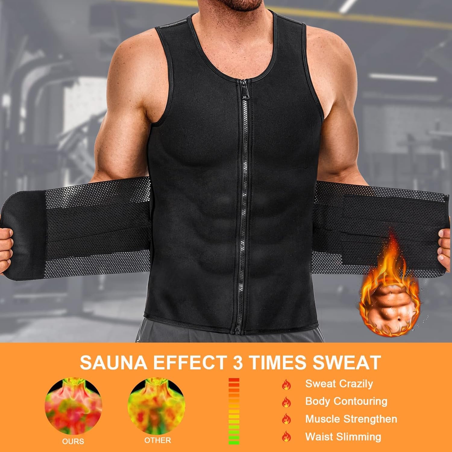 Mens Sweat Sauna Vest for Waist Trainer, Sweat Sauna Suit Zipper Neoprene Workout Vest for Men