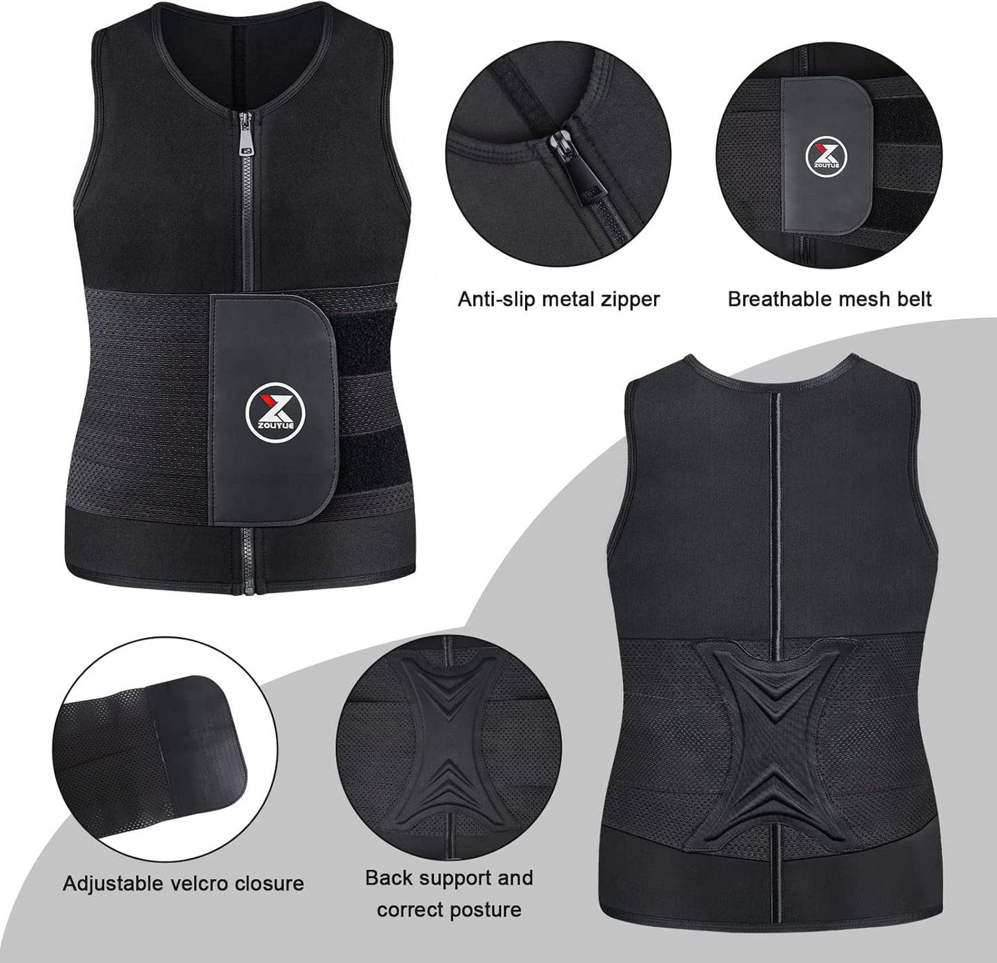 Mens Sweat Sauna Vest for Waist Trainer, Sweat Sauna Suit Zipper Neoprene Workout Vest for Men