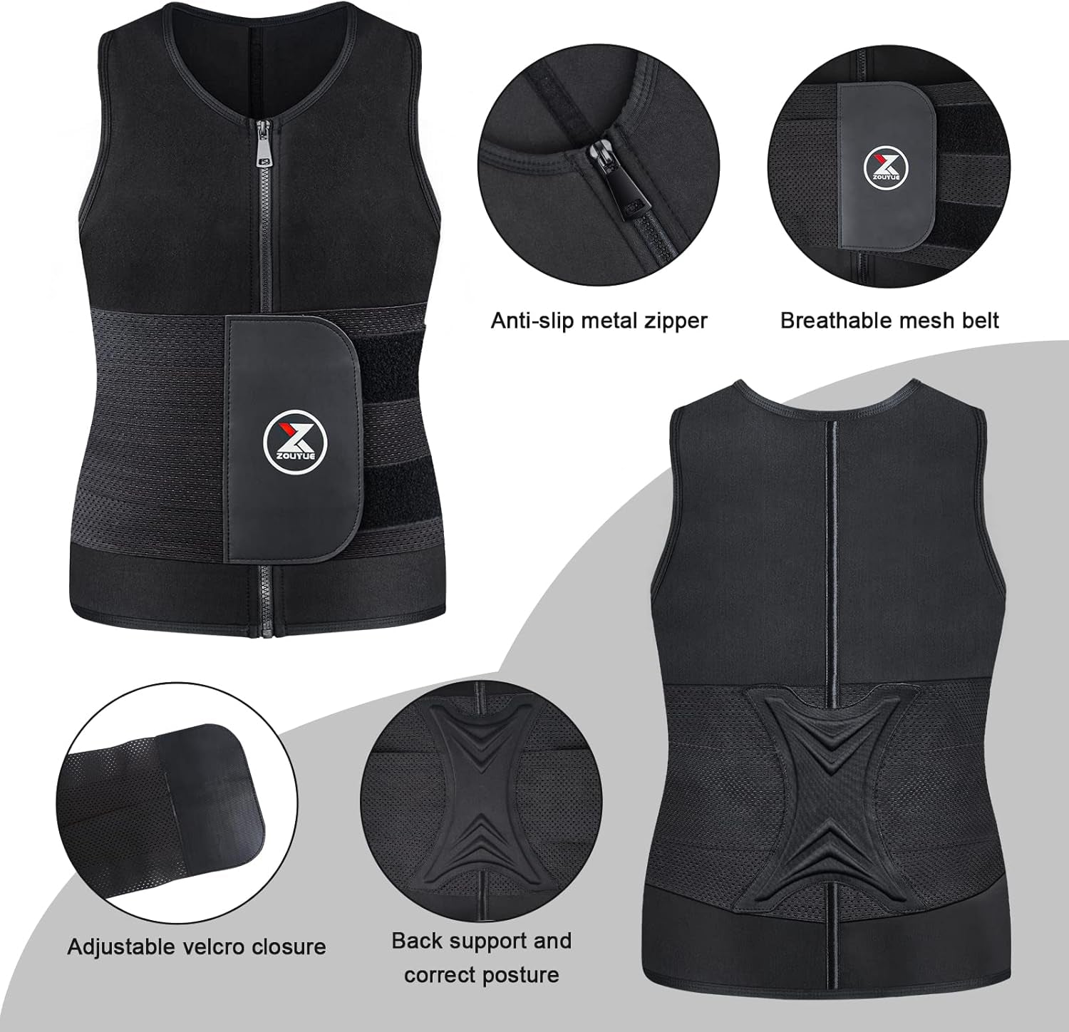 Mens Sweat Sauna Vest for Waist Trainer, Sweat Sauna Suit Zipper Neoprene Workout Vest for Men