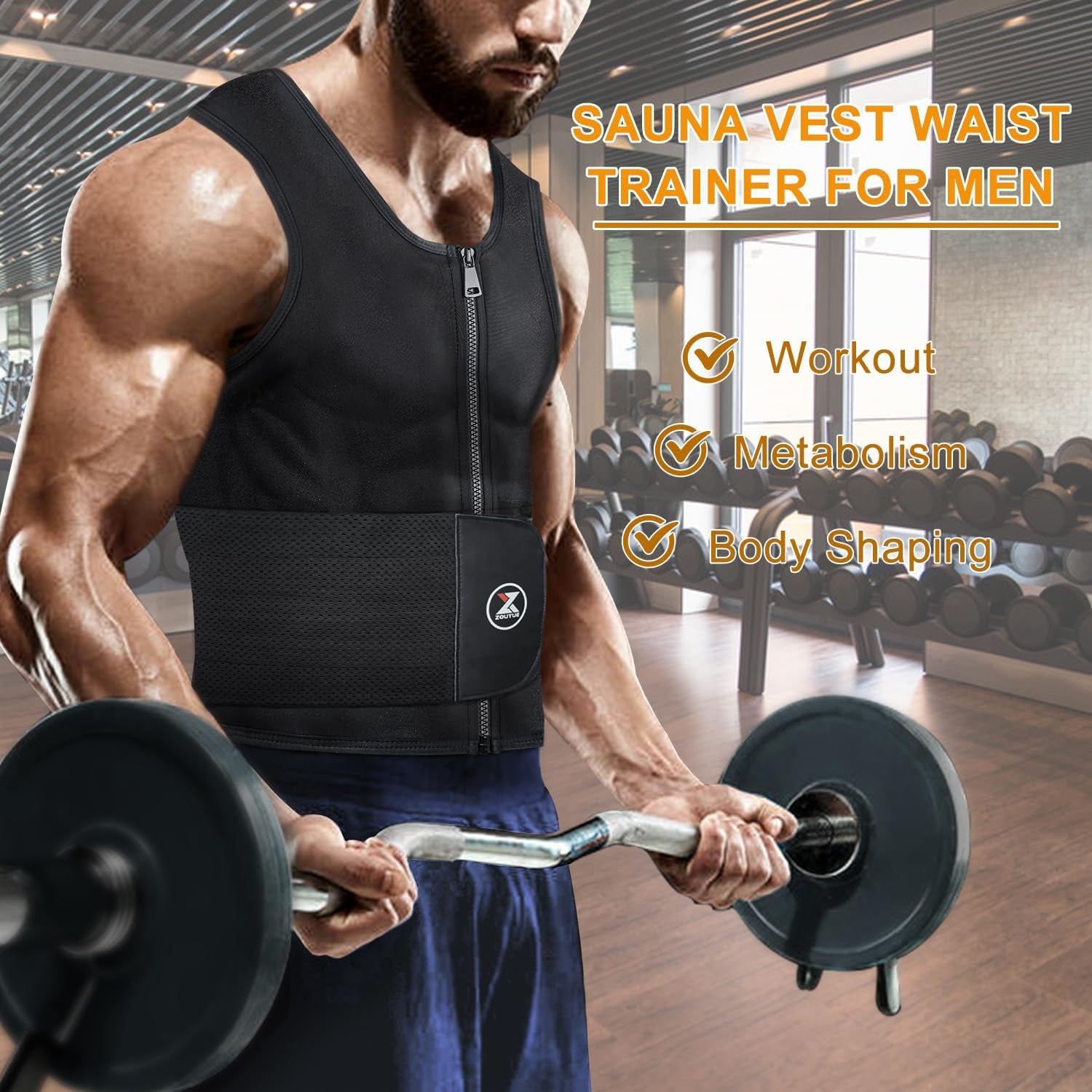 Mens Sweat Sauna Vest for Waist Trainer, Sweat Sauna Suit Zipper Neoprene Workout Vest for Men